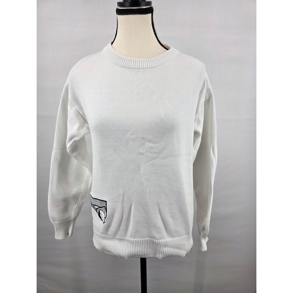Vintage Aurea White Cotton Knit Golf Sweater Women Small Long Sleeve Crew Neck